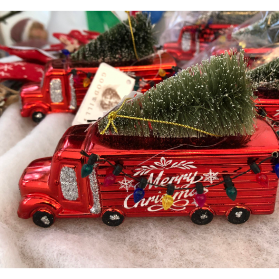 Glaskugle Lastbil med juletræ 13 cm