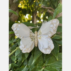 Sommerfugl hvid med guld 12cm Sommerfugl hvid med guld 12cm