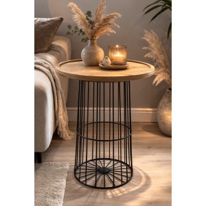 Rundt sidebord med træplade og jernstel i sort udstillingsmodel med brugsspor