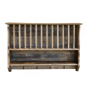 Tallerkenrække med hylde og 4 knager i genbrugstræ 55x80cm