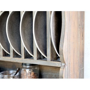 Tallerkenrække med hylde og 4 knager i genbrugstræ 55x80cm