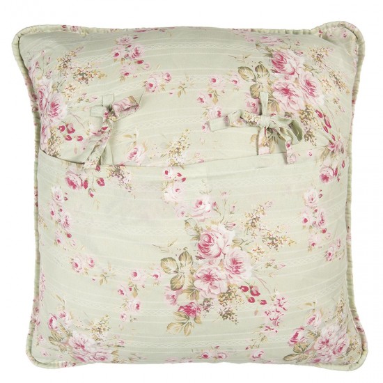 Pudebetræk lysegrønt med lyserøde blomster 50x50cm 