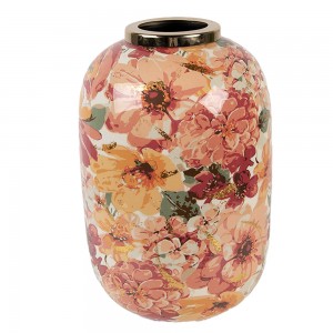 Vase med blomstertryk metal Beige Orange  Ø17xH25 cm