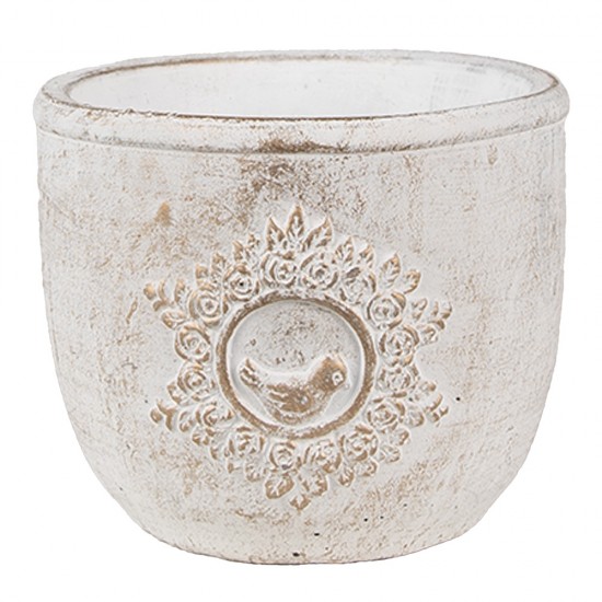 Urtepotte med lille fugl - hvid med guld patinering 13x11 cm Urtepotte med lille fugl - hvid med guld patinering 13x11 cm