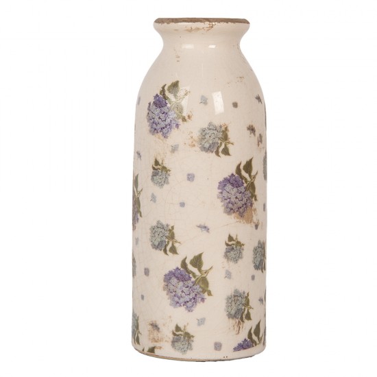 Vase beige keramik med blå blomst Ø8xH20 cm