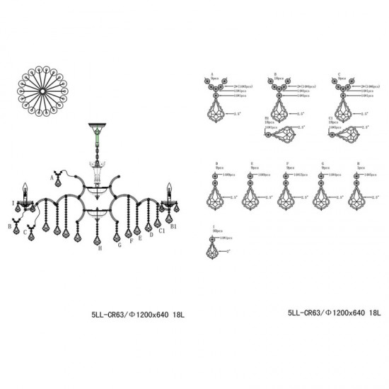 Lysekrone til 18 pærer H64cm Ø120cm Lysekrone til 18 pærer H64cm Ø120cm