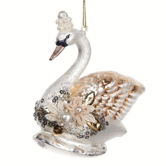 Julekugle i glas Svane med perler 10 cm - Guld og creme Julekugle i glas Svane med perler 10 cm - Guld og creme