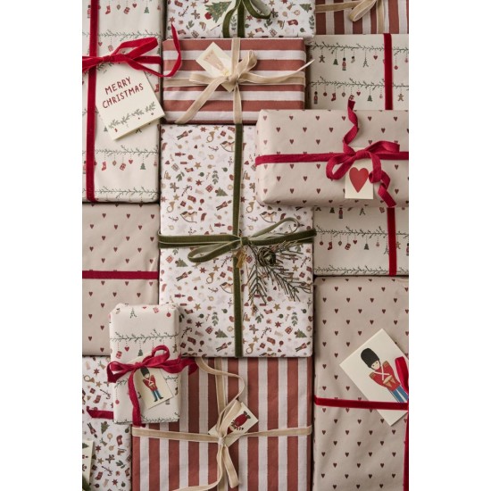 Gavepapir røde striber tekstil-look 5 meter rulle