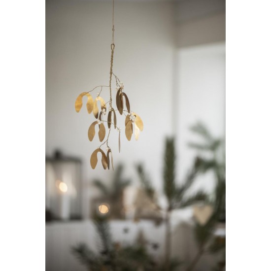 Mistelten 30 cm med hvide perler Gloria messing