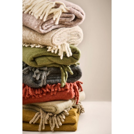 Plaid uld sandfarvet melange med off white frynser