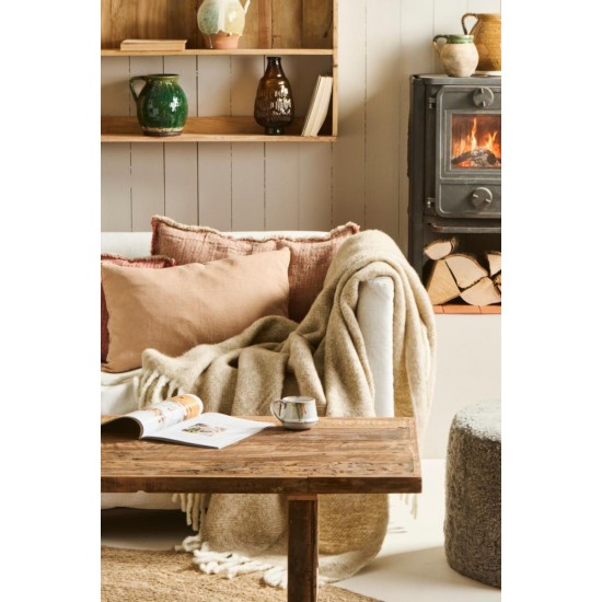 Plaid uld sandfarvet melange med off white frynser