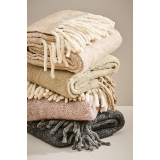 Plaid uld sandfarvet melange med off white frynser