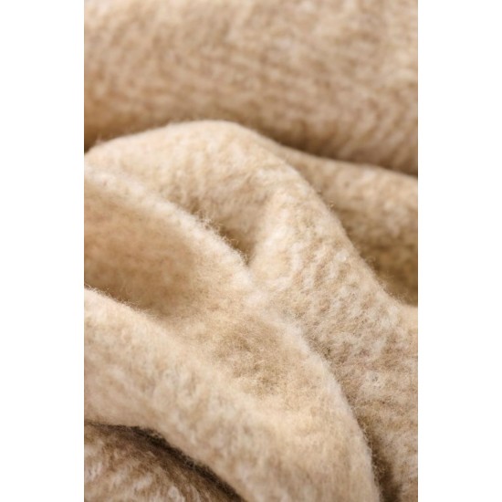 Plaid uld sandfarvet melange med off white frynser