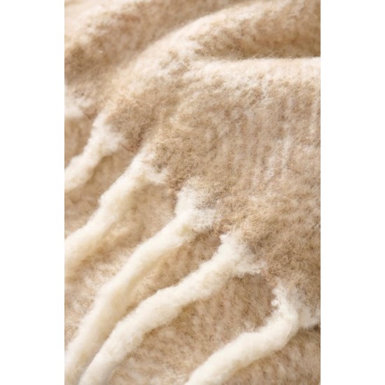 Plaid uld sandfarvet melange med off white frynser