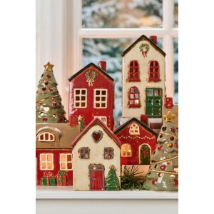 Lyshus til fyrfadslys Stillenat rødt tag og juletræ foran huset