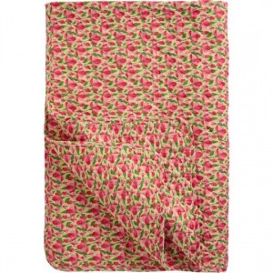 Quilt beige med røde og rosa blomster, grønne blade