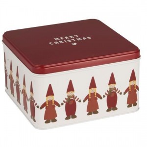 Kagedåse med nisser hånd i hånd firkantet