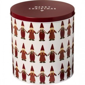 Kagedåse med nisser hånd i hånd høj rund