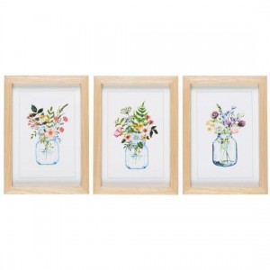 Billede med blomstermotiv sæt med 3 i træramme