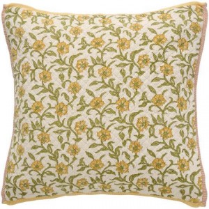 Pudebetræk Vigga med gult og grønt print dobbeltvævet, bagside neutral 50x50cm