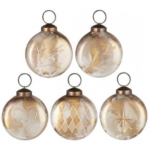 Julekugle 5 stk flad hvid/messing-look med guldfarvet indgravering