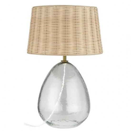 Bordlampe Kairo med struktureret glas og naturfarvet caneskærm hvid tekstilledning med afbryder L:220 cm