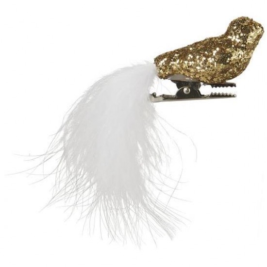 Glas Fugl med fjer og clips guldglitter Glas Fugl med fjer og clips guldglitter