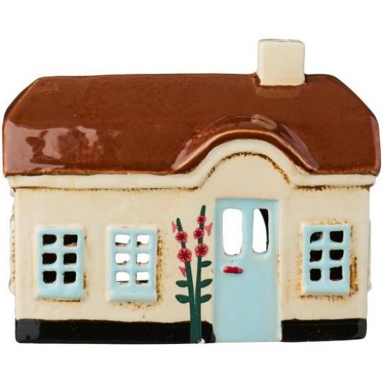 Hus til fyrfadslys Ebeltoft lyseblå dør stokroser