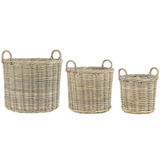 Kurvesæt a 3 rattan med plast indvendig rund med 2 hanke Kurvesæt a 3 rattan med plast indvendig rund med 2 hanke