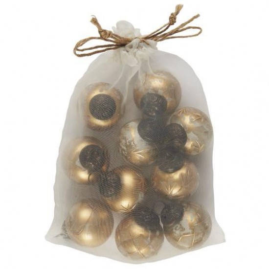 Pose med 10 julekugler 5 ass mini hvid/messing-look med guldfarvet indgravering 2 stk af hver