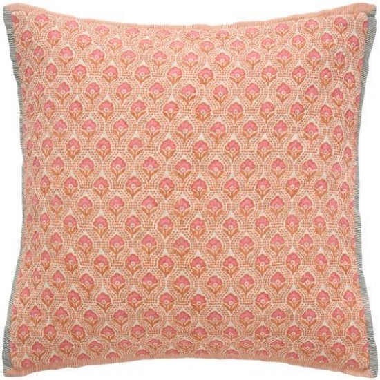 Pudebetræk Vigga med orange og pink print dobbeltvævet, bagside neutral 50x50cm