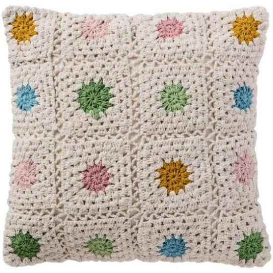 Pudebetræk hæklet 50x50cm creme med multifarvede blomster