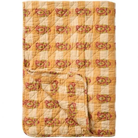 Quilt med orange, rødt og grønt blokmønster Quilt med orange, rødt og grønt blokmønster