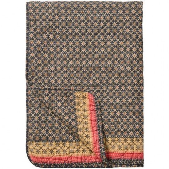Quilt mørkeblå med rosa og naturfarvet mønster, kanter på langs Quilt mørkeblå med rosa og naturfarvet mønster, kanter på langs