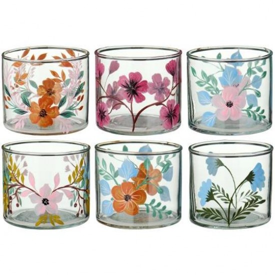 Sæt med 6 stk Stage til fyrfadslys bred med håndmalede blomster