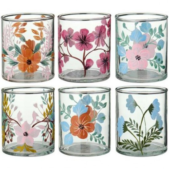 Sæt med 6 stk Stage til fyrfadslys smal med håndmalede blomster