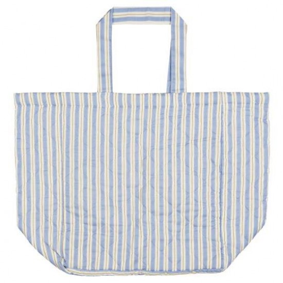 Taske quiltet blå med hvide og brune striber