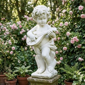 Barn spiller musik 59 cm - Frostsikker Havefigur i marmor