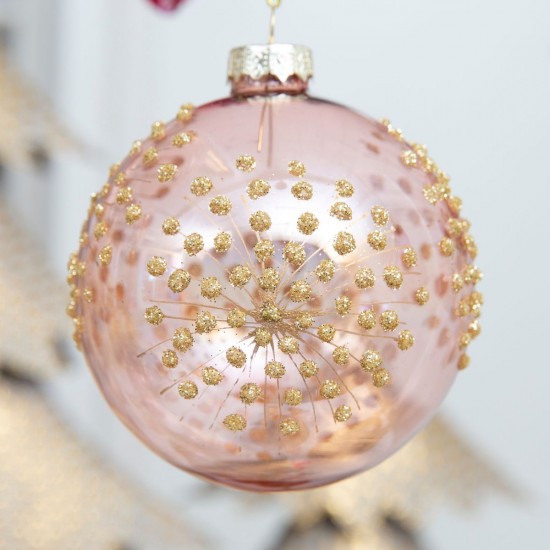 Julekugle med guld glitter prikker sart rosa
